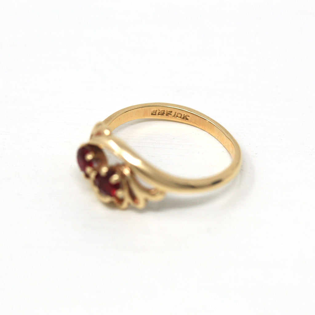 Toi Et Moi Ring - Retro 10k Yellow Gold Round Red .37 CTW Created Ruby Stones - Vintage Circa 1960s Era Size 5.75 Fine Baden & Foss Jewelry