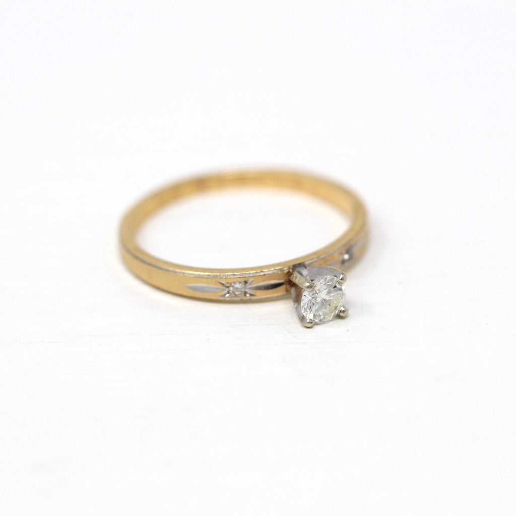 Vintage Diamond Ring - 14k Yellow & White Gold Genuine 1/5 CT Gem Engagement - Circa 1990s Size 6.75 Two Tone Solitaire Accent Fine Jewelry