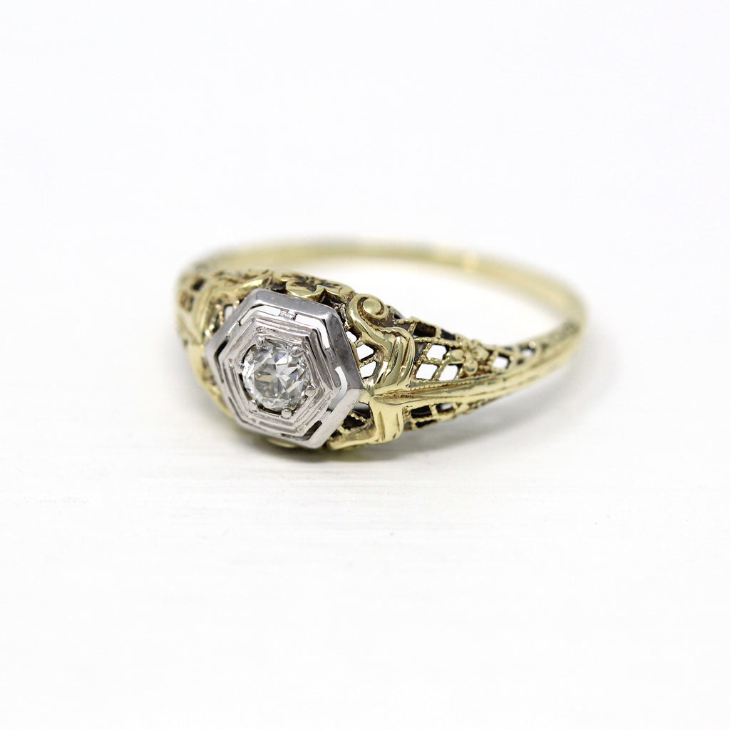 Art Deco Engagement Ring - Vintage 14k Yellow & White Gold Filigree 0.3 CT Old European Diamond - 1930s Size 8.25 Hexagonal Fine 30s Jewelry