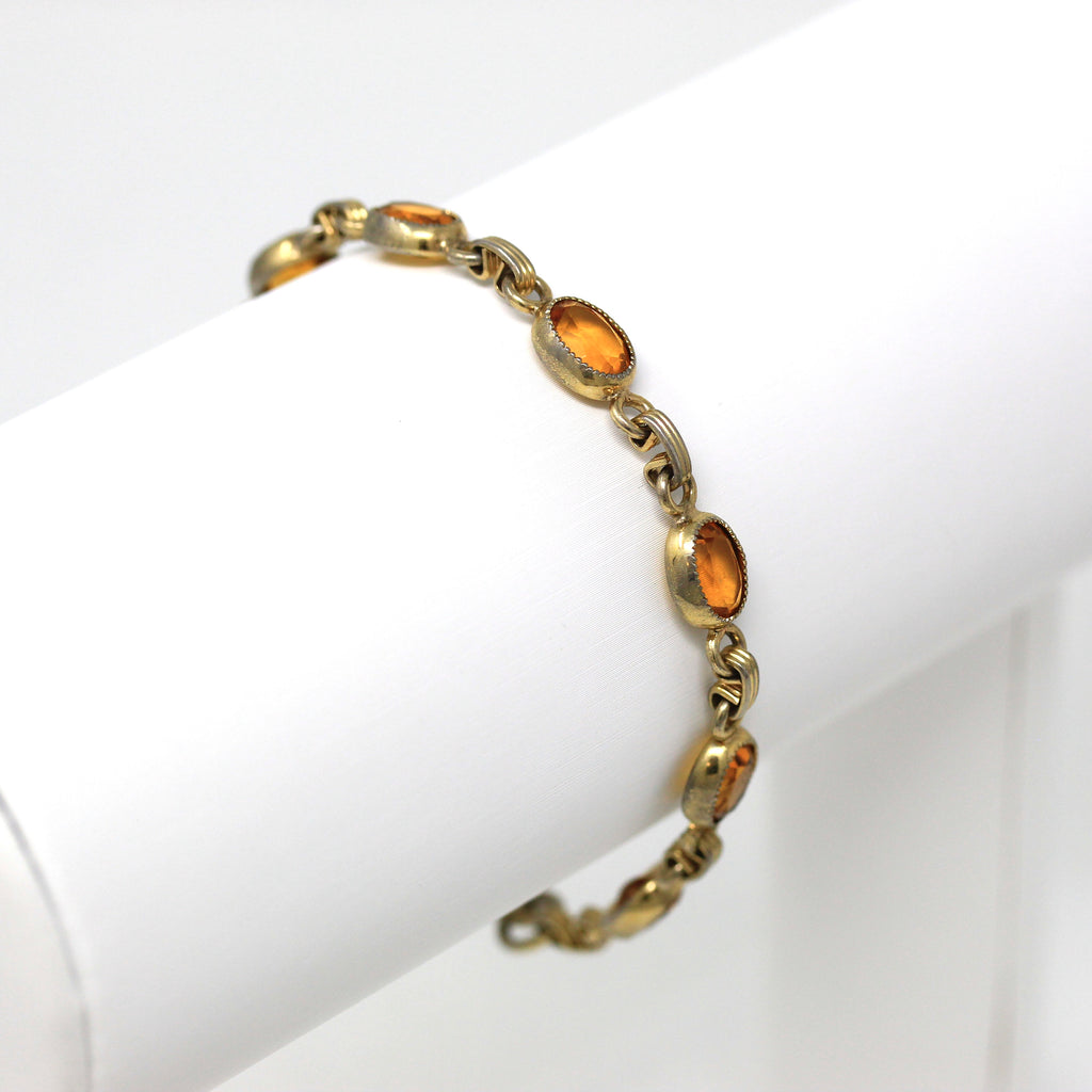 Simulated Citrine Bracelet - Retro 12k Gold Filled Oval Faceted Orange Glass - Vintage Circa 1960s Era Fashion Accessory Spring Ring Jewelry