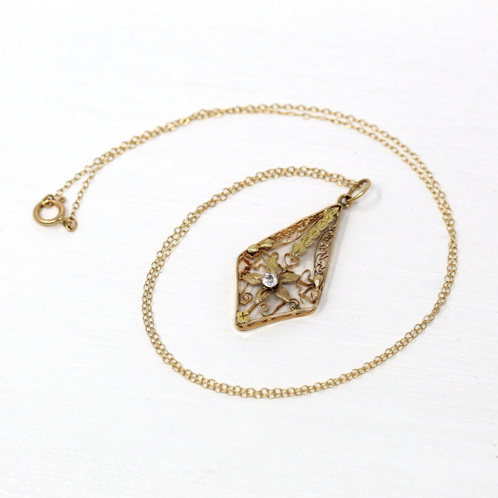 Art Nouveau Lavalier - Antique 10k Yellow Gold Genuine Old European Cut Diamond Gem Pendant - Edwardian 1910s Flower Necklace Fine Jewelry
