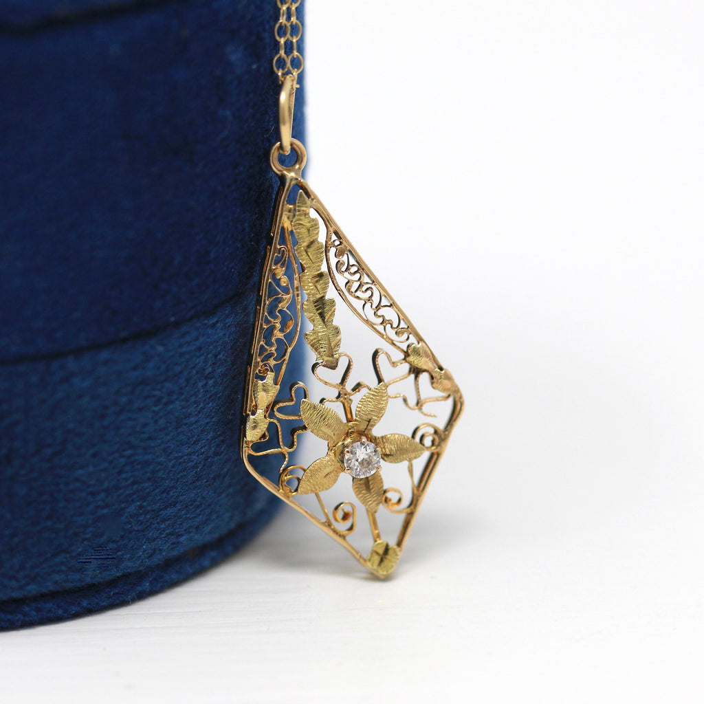 Art Nouveau Lavalier - Antique 10k Yellow Gold Genuine Old European Cut Diamond Gem Pendant - Edwardian 1910s Flower Necklace Fine Jewelry