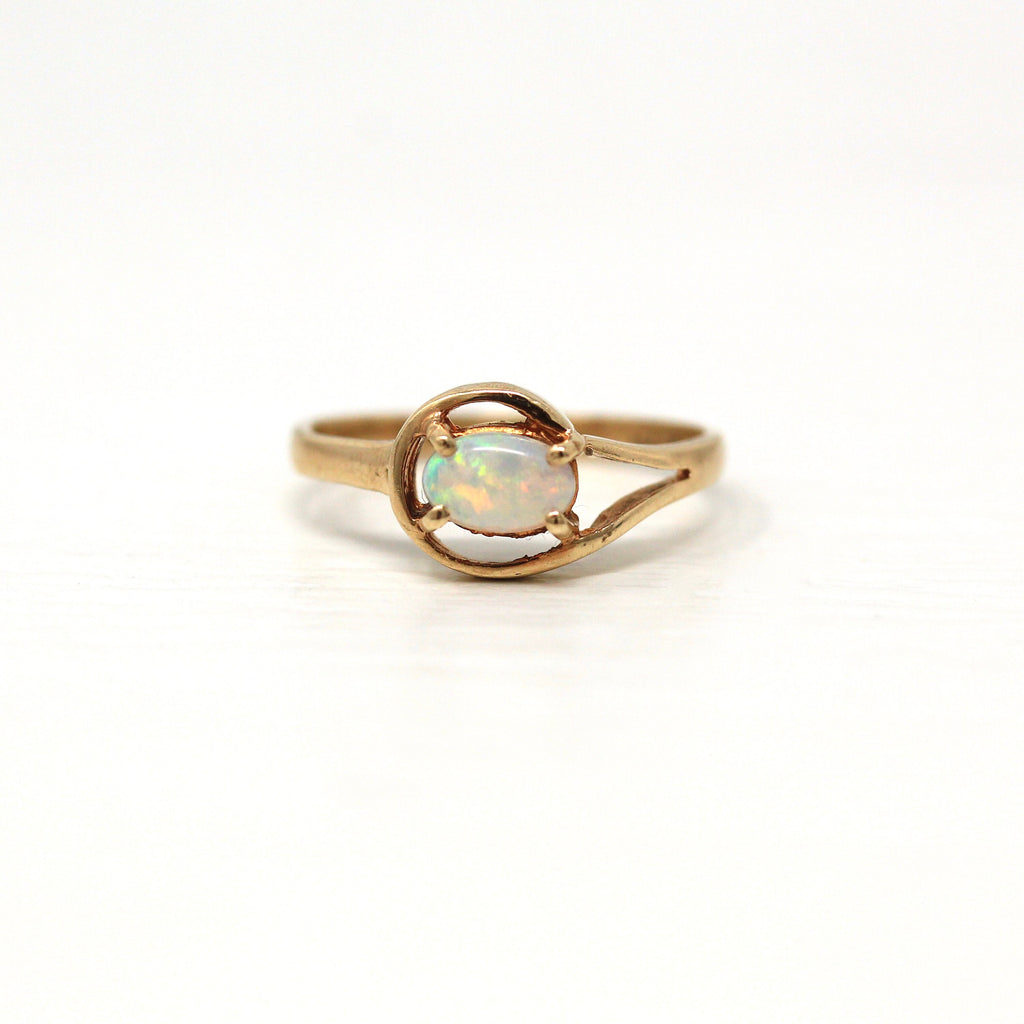 Vintage Opal Ring - Retro 10k Yellow Gold Oval Cabochon Cut .28 CT Gemstone - Vintage Circa 1970s Era Size 5 1/4 Curved Swoop Design Jewelry