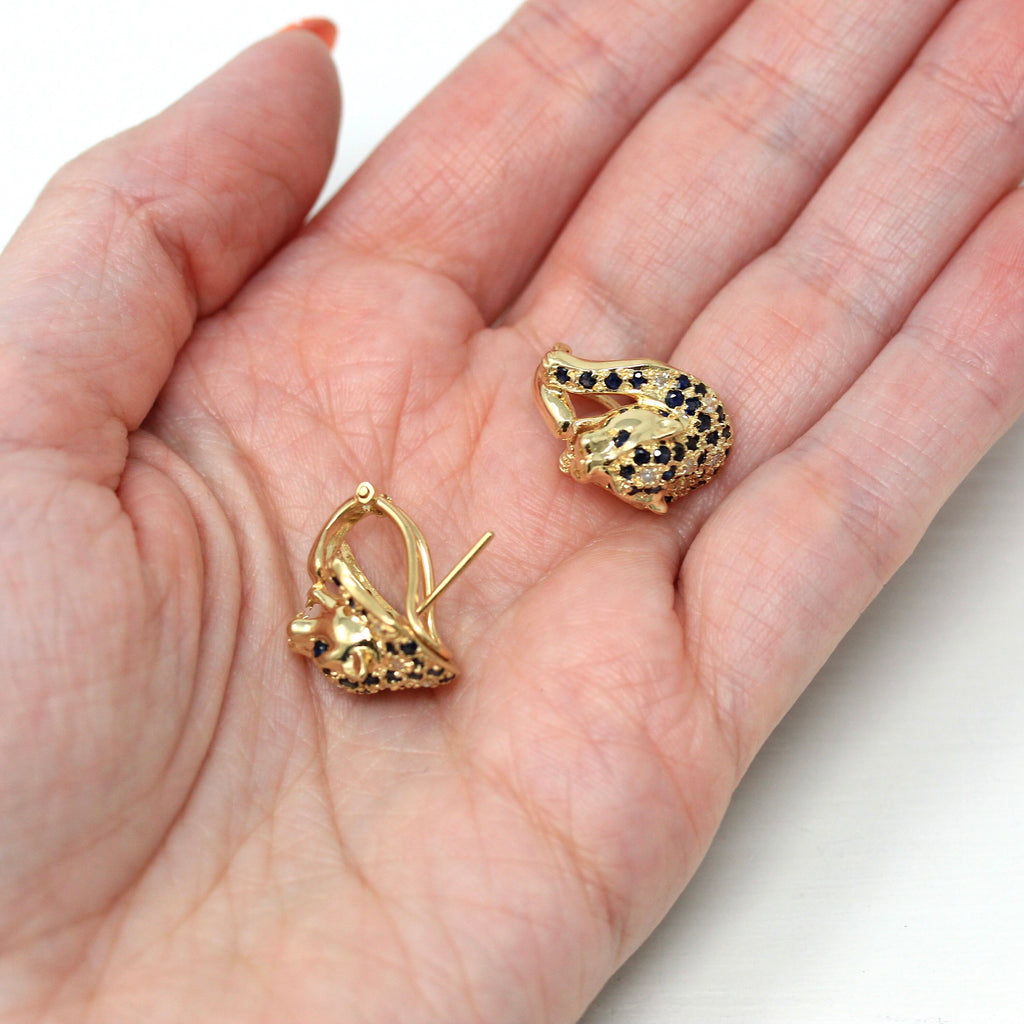 Sapphire Panther Earrings - Estate 14k Yellow Gold Genuine Diamonds Omega Pierced Backs - Vintage Circa 1980s Era Gems Big Cat Fine Jewelry