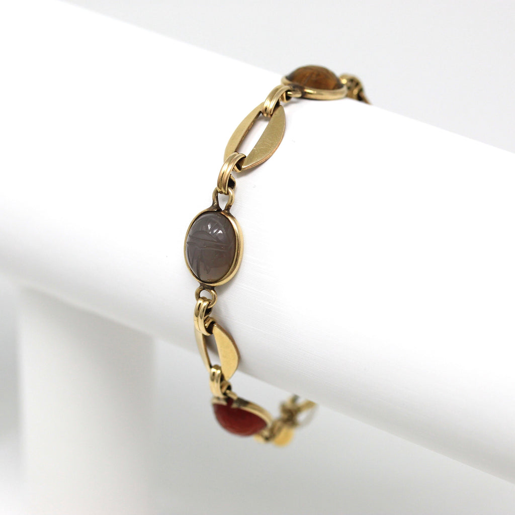 Vintage Scarab Bracelet - Retro 12k Gold Filled Carved Genuine Gemstones - Circa 1960s Era Egyptian Revival Style Fashion Accessory Jewelry