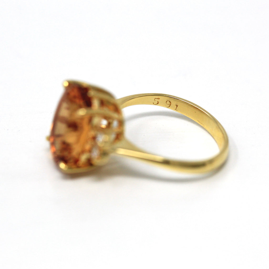 Orange Topaz Ring - Modern 18k Yellow Gold Oval Faceted 4.87 CT Genuine Gemstone - Estate Circa 2000's Era Size 5 1/4 Diamonds Fine Jewelry