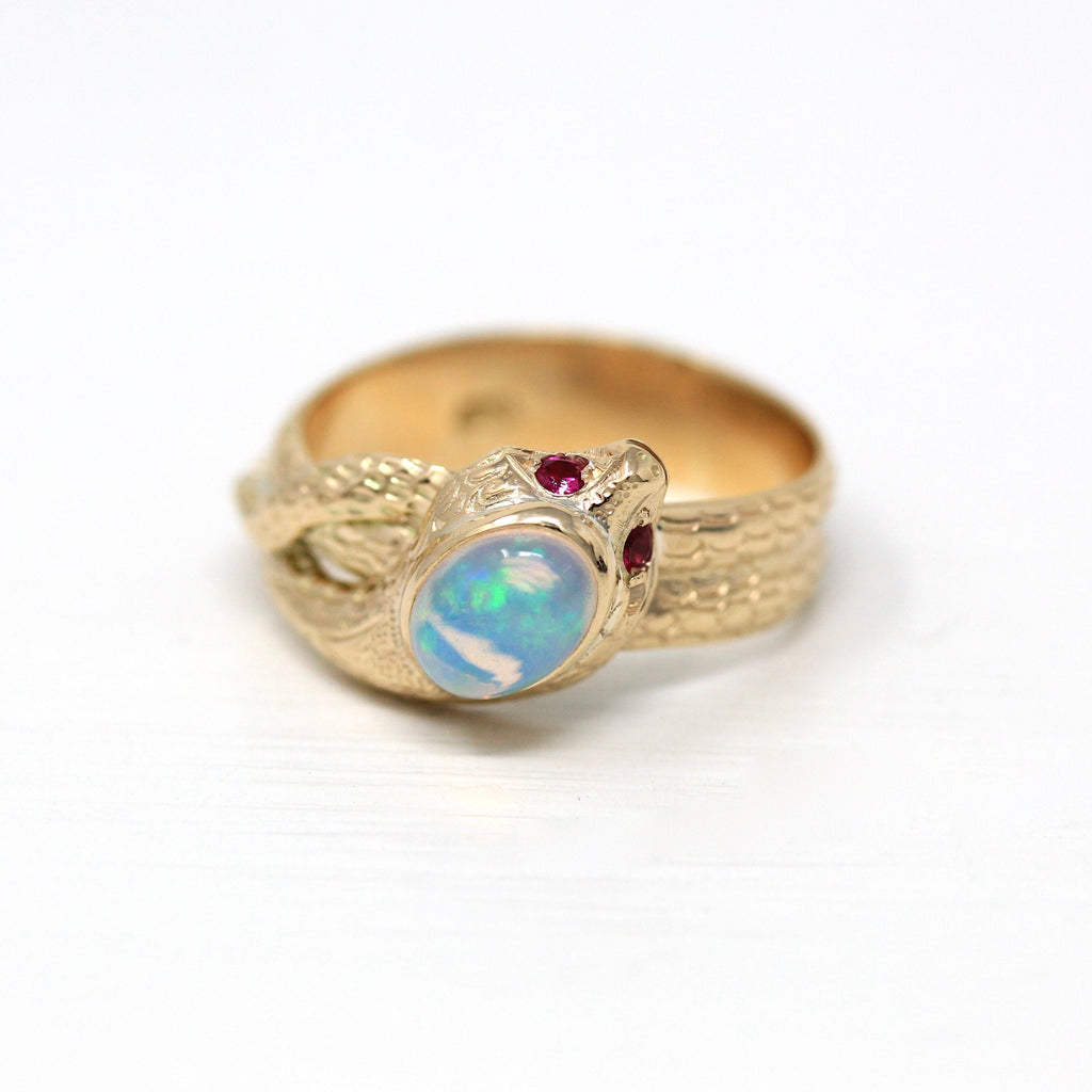 Antique Snake Ring - Edwardian Era 14k Yellow Gold Opal & Created Ruby - Vintage Circa 1910s Era Size 10 Coiled Serpent Fine Jewelry