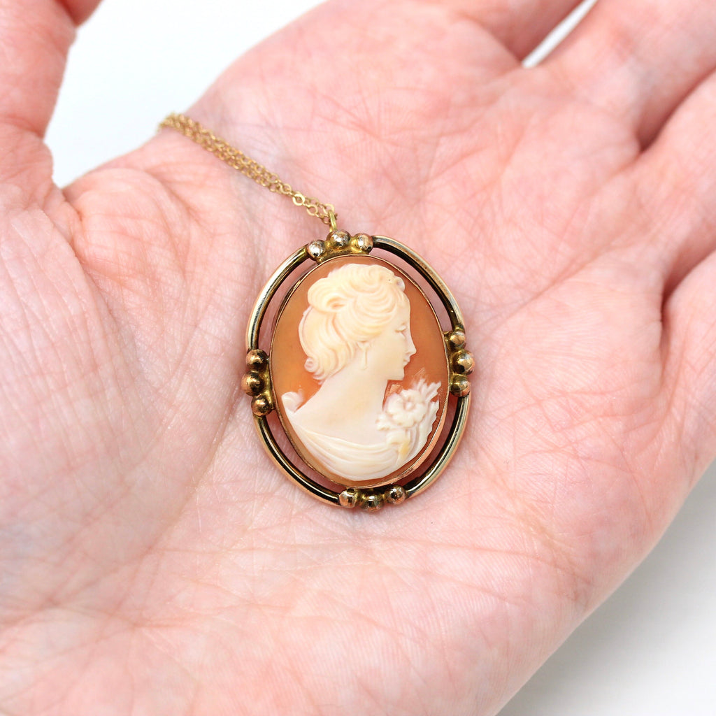 Vintage Cameo Pendant - Retro Gold Filled Carved Shell Floral Oval Shaped Pin - Circa 1940s Era Statement Fashion Accessory Brooch Jewelry
