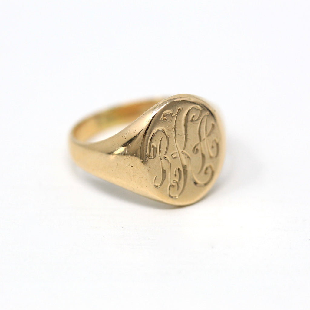 Letters "RKA" Ring - Retro 14k Yellow Gold Engraved Monogrammed Initials Signet - Vintage Circa 1940s Era Size 3 3/4 Pinky Midi Fine Jewelry
