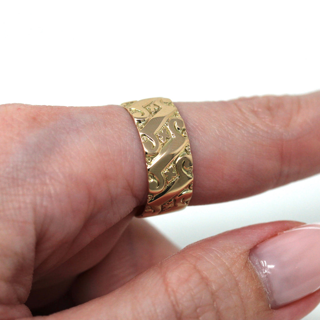 Antique Cigar Band - Edwardian 10k Rosy Yellow Gold Decorative Scrolled Design Wide Statement Ring - Vintage 1900s Era Size 7.5 Fine Jewelry