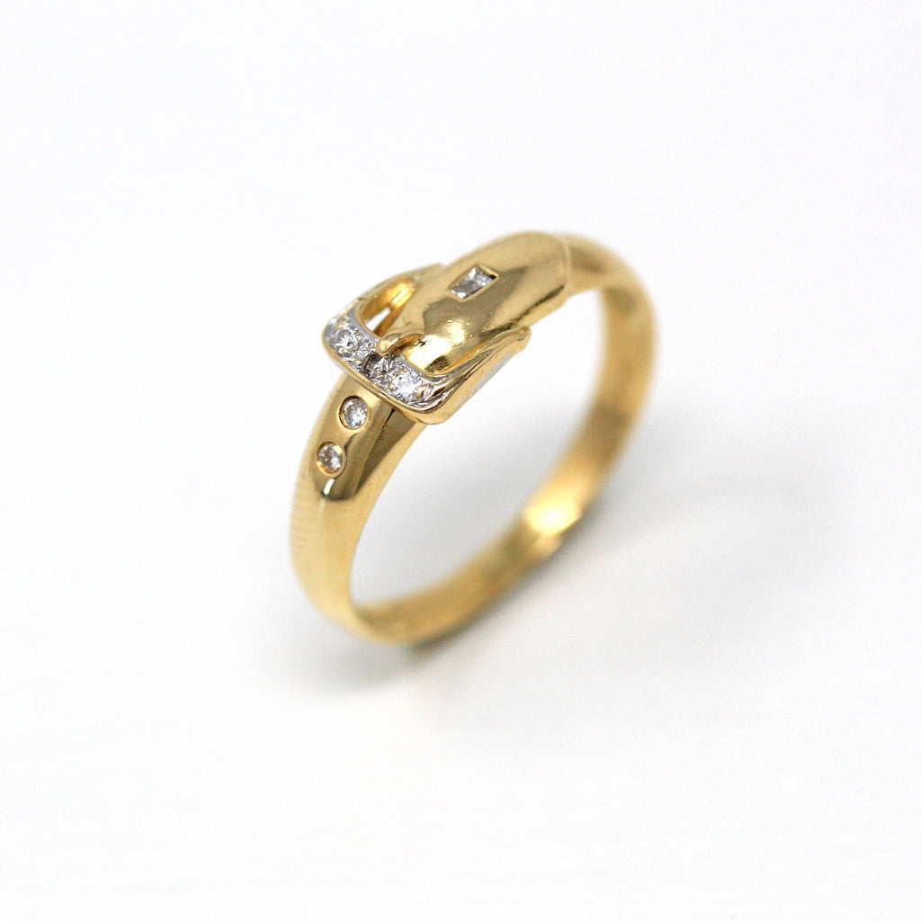 Belt Buckle Ring - Estate 18k Yellow Gold & Genuine Diamond Gems Stacking Band - Modern Circa 2000s Era Size 4.5 Y2K Fine Polished Jewelry