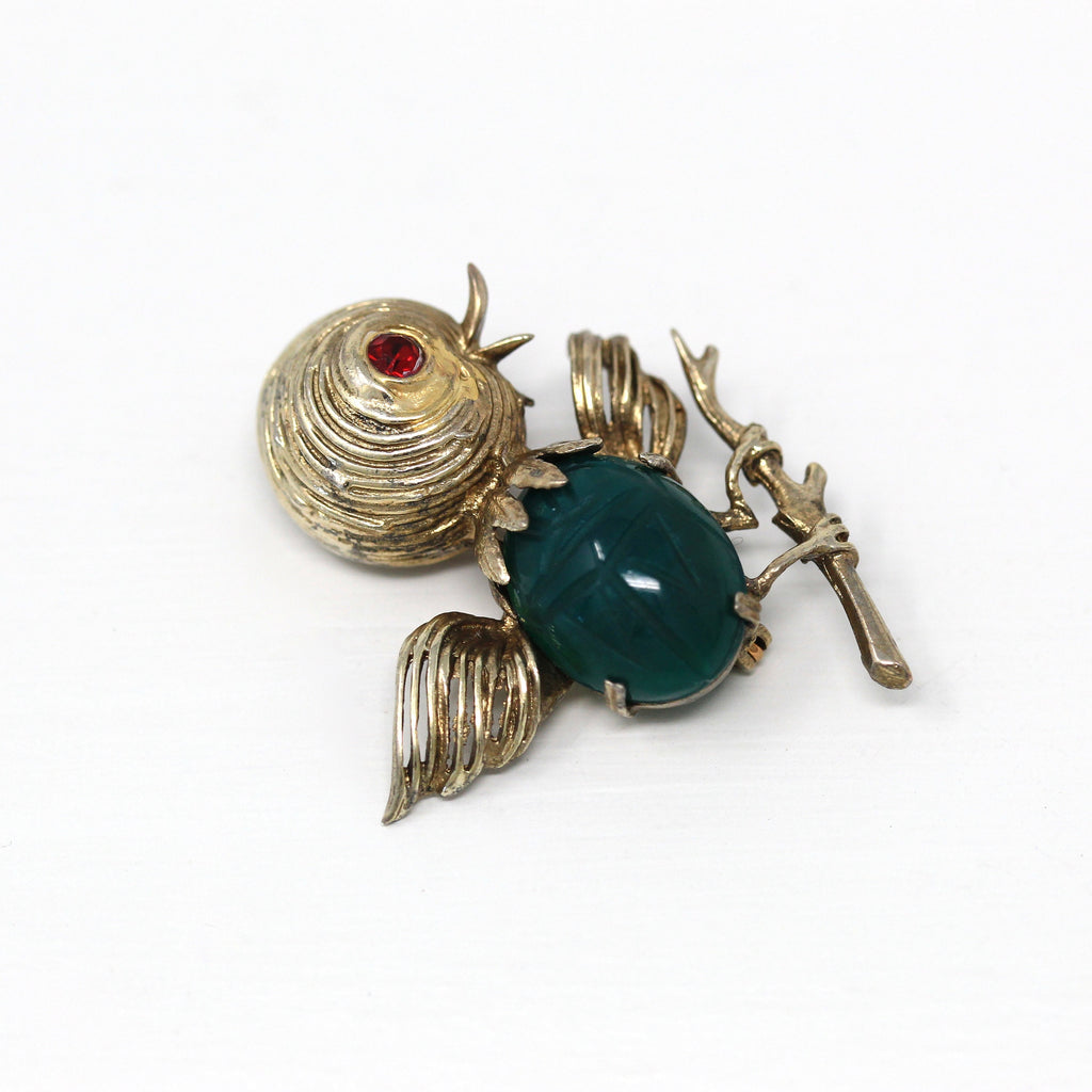 Vintage Bird Brooch - Retro Gold Washed Sterling Silver Genuine Green Chalcedony Scarab Pin - Circa 1970s Era Easter Chick Figural Jewelry