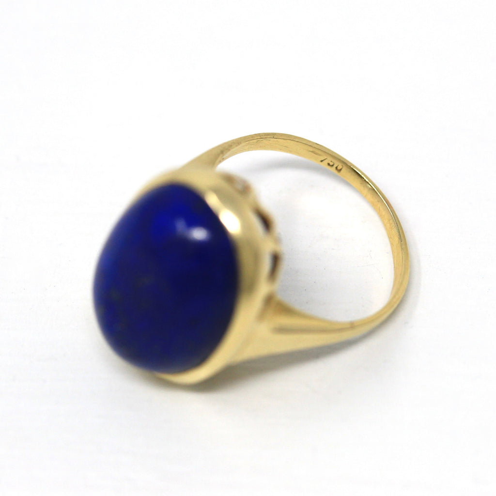 Genuine Lapis Lazuli Ring - Vintage 18k Yellow Gold Blue 8.64 CT Gem Oval Cabochon Statement - C. 1970s Retro Size 6 Gemstone Fine Jewelry