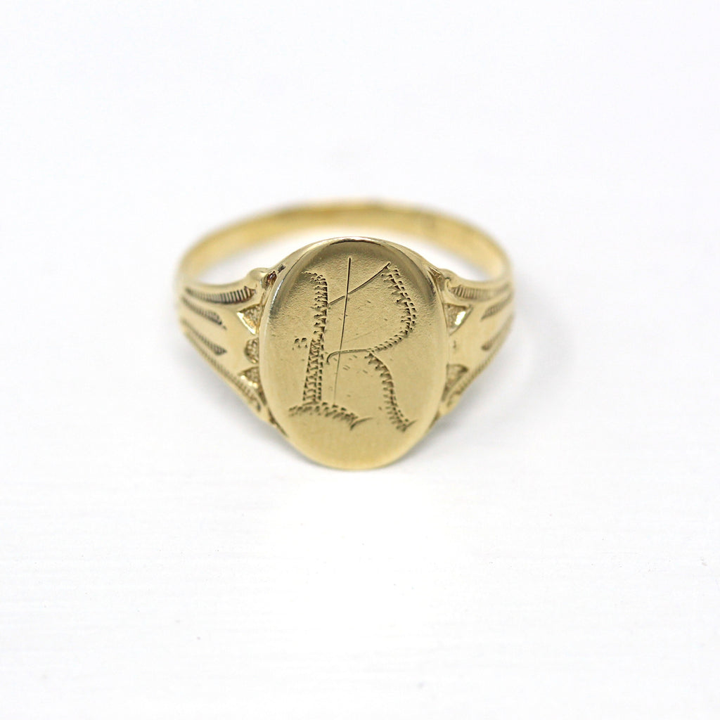 Antique Signet Ring - Edwardian Era 10k Yellow Gold Monogrammed Letter R - Circa 1910s Size 7 1/4 Ostby & Barton Initial Fine Jewelry