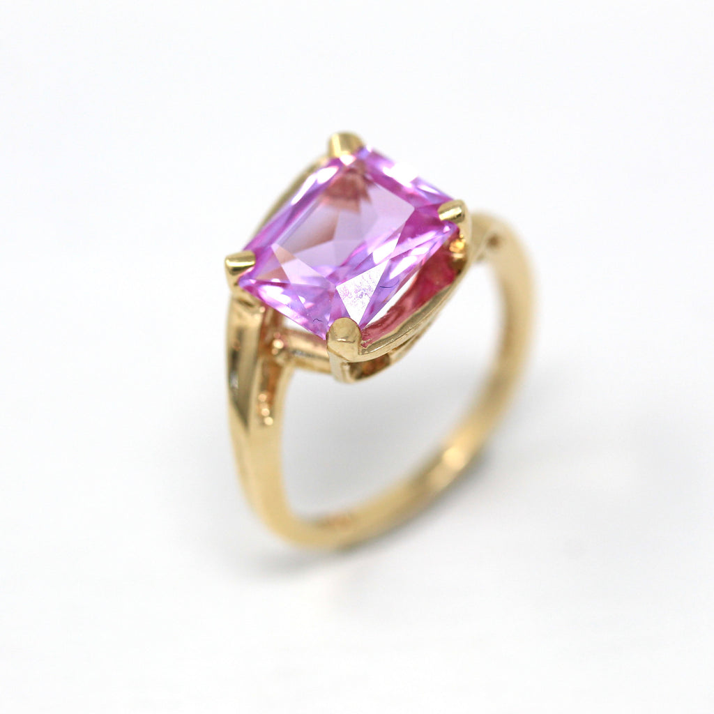 Created Pink Sapphire Ring - Retro 10k Yellow Gold Faceted 3.99 CT Stone - Vintage Circa 1960s Size 5 3/4 Bypass Statement Fine Jewelry