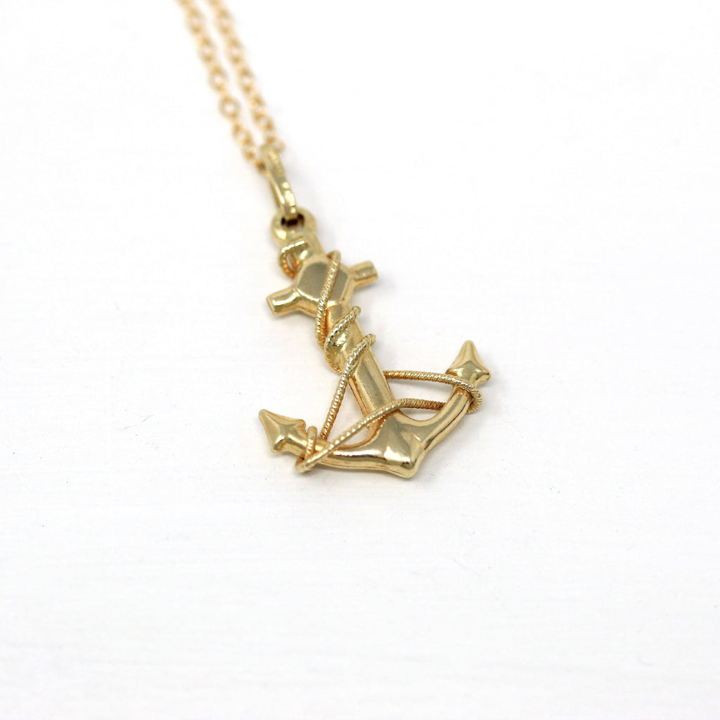 Vintage Anchor Pendant - Retro 14k Yellow Gold Figural Ship Device Charm Necklace - Circa 1960s Nautical Statement Rope Fine Italy Jewelry