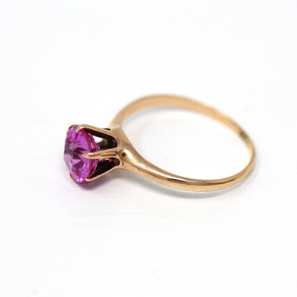 Created Pink Sapphire Ring - Edwardian 10k Rose Gold Round Faceted 1.81 CT Stone - Antique Circa 1910s Era Size 7 Solitaire Style Jewelry