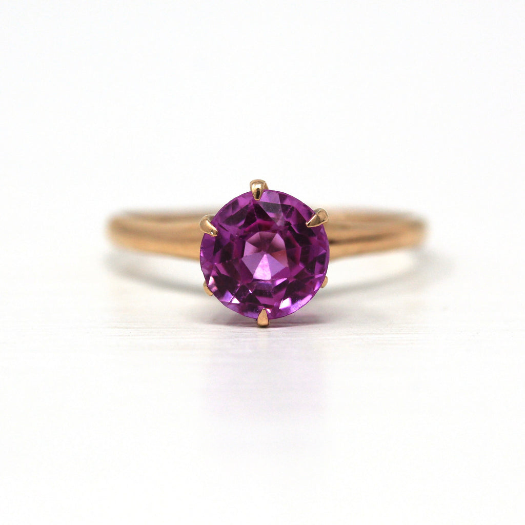 Created Pink Sapphire Ring - Edwardian 10k Rose Gold Round Faceted 1.81 CT Stone - Antique Circa 1910s Era Size 7 Solitaire Style Jewelry