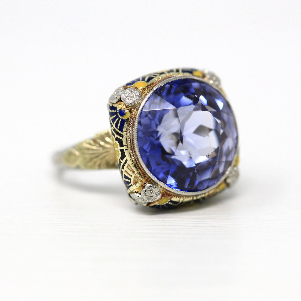 Vintage Enamel Ring - Art Deco Era 14k Yellow & White Gold Created Violet Purple Sapphire Statement - 1930s Size 5 3/4 Flower Fine Jewelry