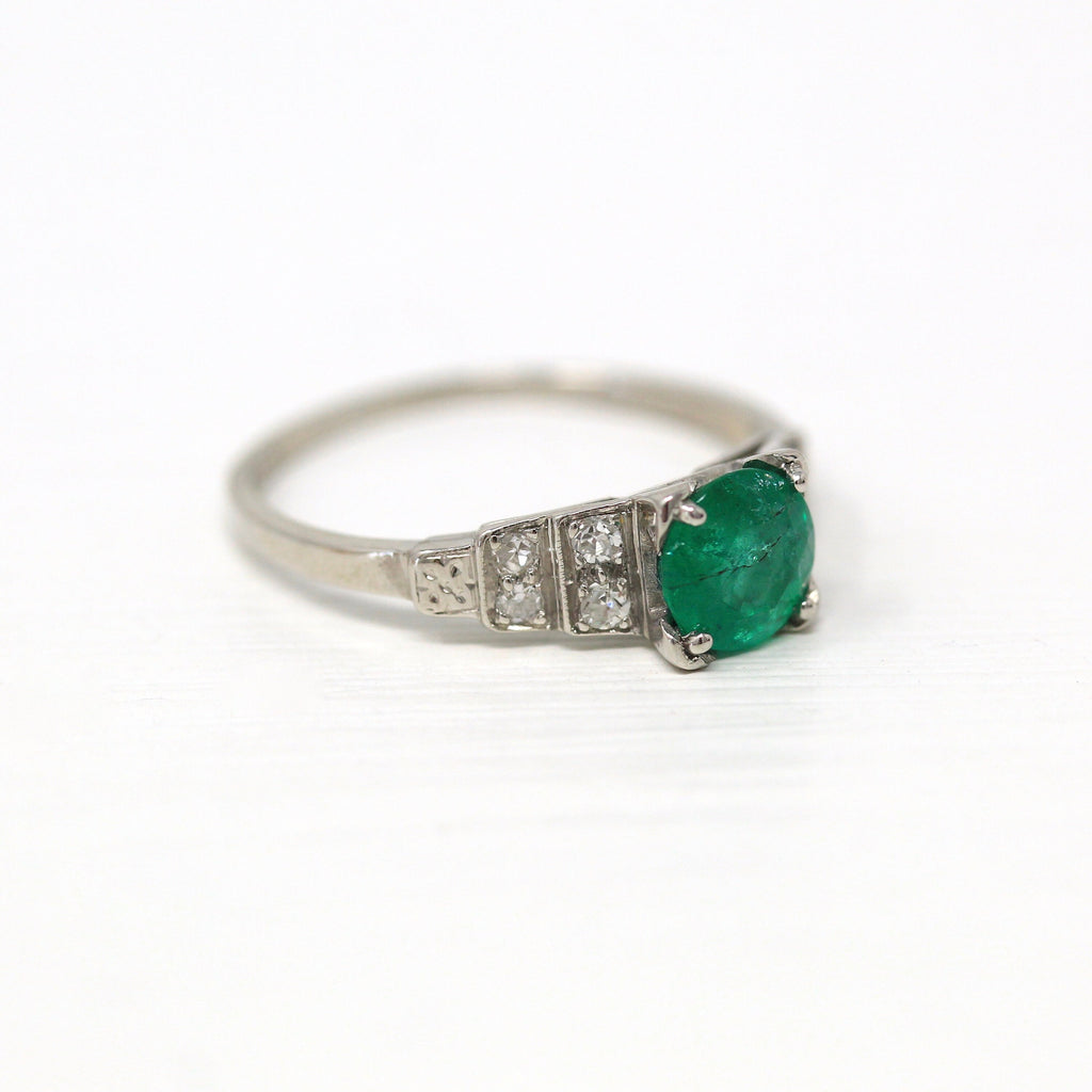 Vintage Emerald Ring - Art Deco Era Platinum Diamond Engagement - Circa 1930s Size 6 3/4 Green .82 CT Gemstone Fine Jewelry w/ Report