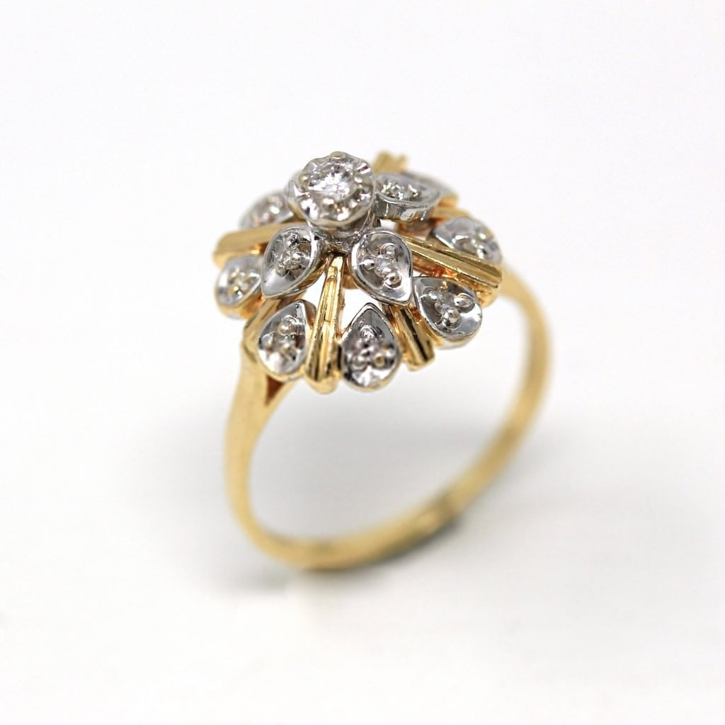 Thai Princess Style Ring - Retro 14k Yellow & White Gold Genuine .19 CTW Diamond Gems - Vintage Circa 1960s Size 8.5 Statement Fine Jewelry