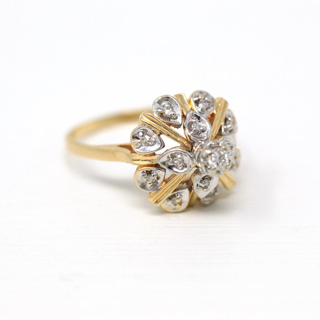 Thai Princess Style Ring - Retro 14k Yellow & White Gold Genuine .19 CTW Diamond Gems - Vintage Circa 1960s Size 8.5 Statement Fine Jewelry