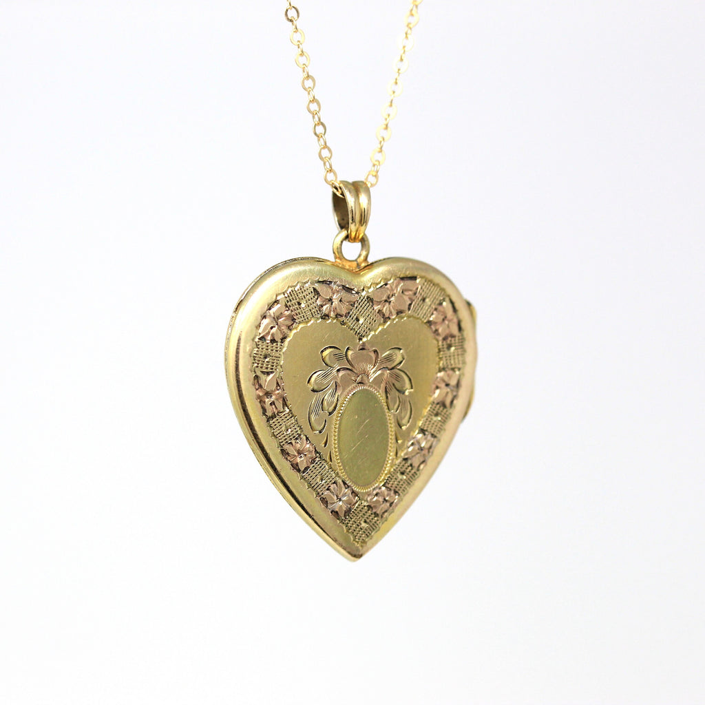 Vintage Heart Locket - Retro 12k Yellow & Rose Gold Filled Flower Pendant Necklace - Circa 1940s Floral Keepsake Hayward 40s Love Jewelry
