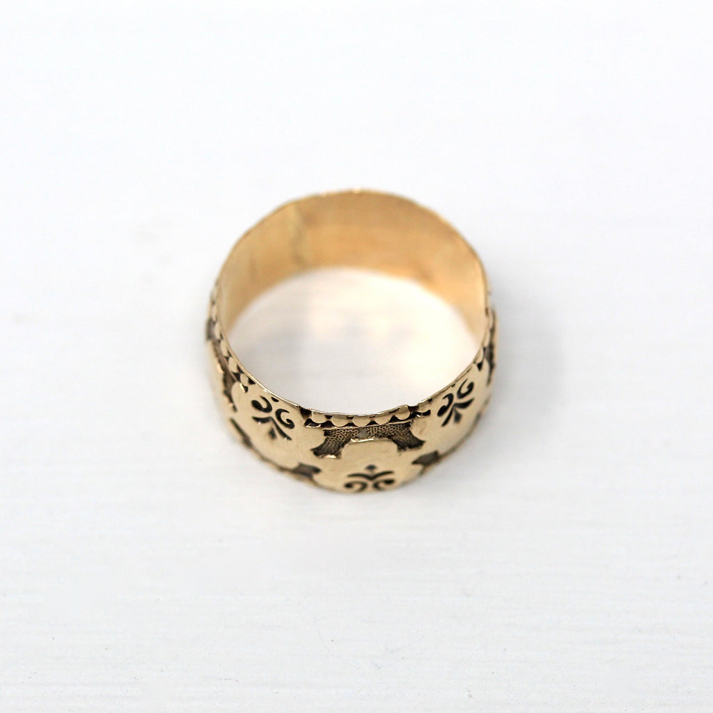 Antique Cigar Band - Edwardian Era 10k Yellow Gold Pansy Floral Eternity Design Wide Ring - Vintage Circa 1900s Size 5 Fine Flower Jewelry