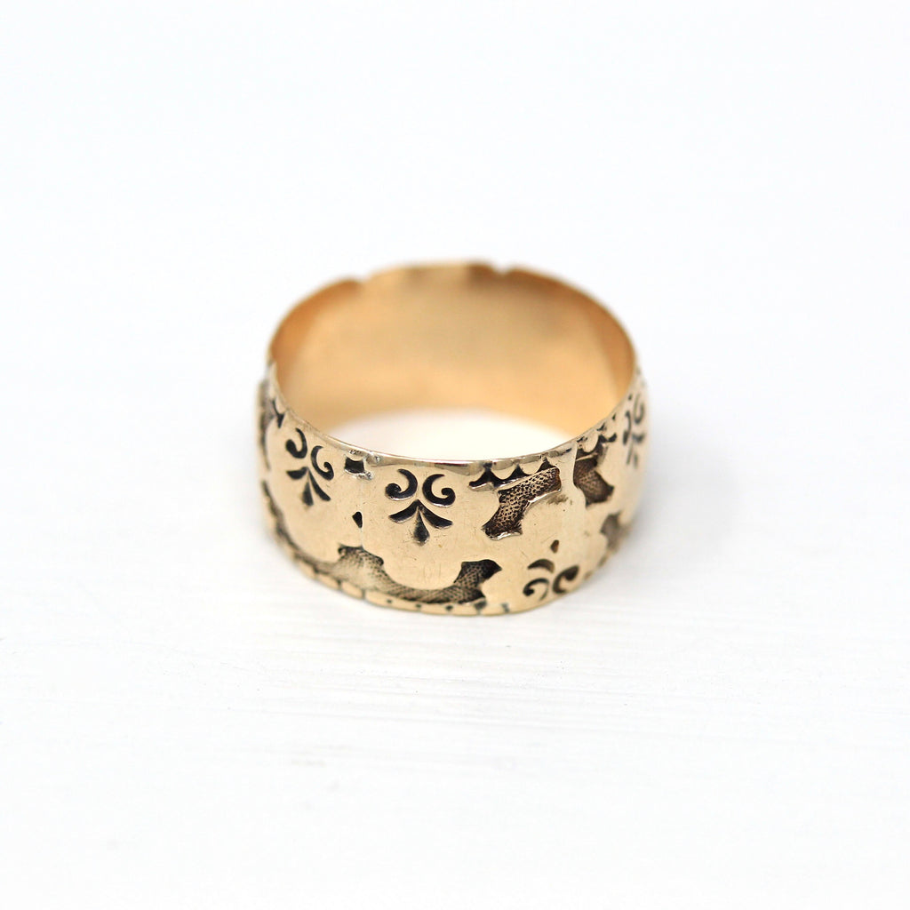 Antique Cigar Band - Edwardian Era 10k Yellow Gold Pansy Floral Eternity Design Wide Ring - Vintage Circa 1900s Size 5 Fine Flower Jewelry