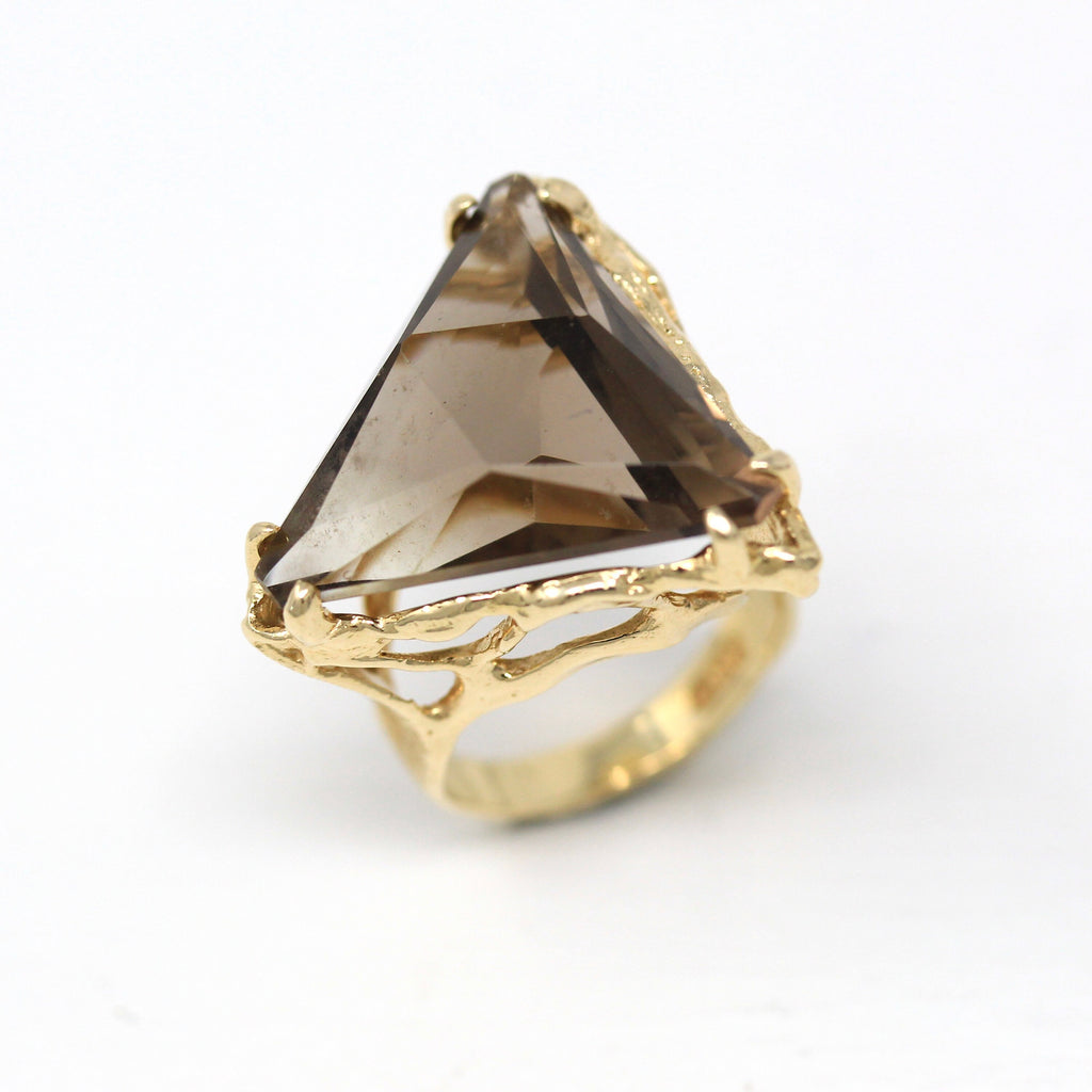 Smoky Quartz Ring - Retro 1970s 14k Yellow Gold Trilliant Cut Faceted 15.39 CT Brown Gem - Vintage Size 6 1/2 Statement 70s Fine Jewelry