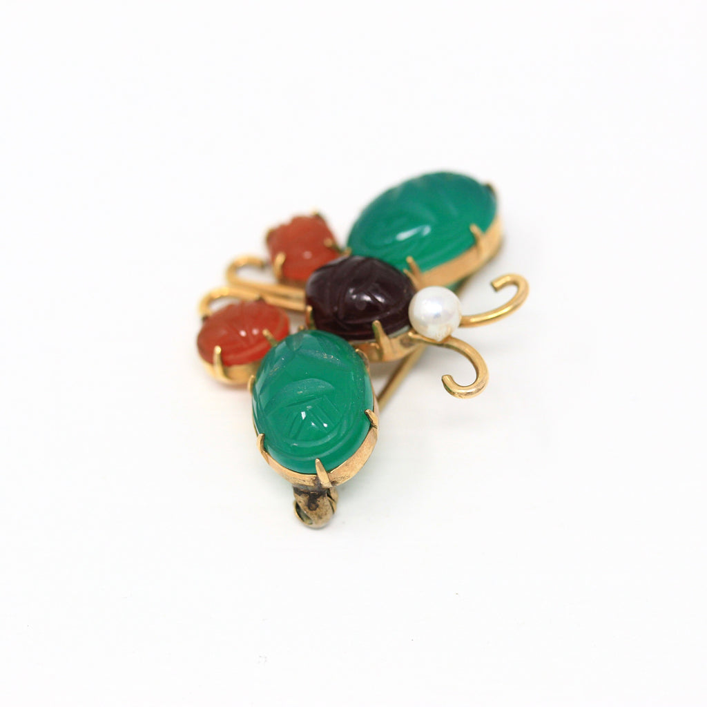 Vintage Butterfly Brooch - Retro 12k Yellow Gold Filled Genuine Green Chalcedony & Carnelian Scarab Pin- Circa 1960s Era Figural WRE Jewelry
