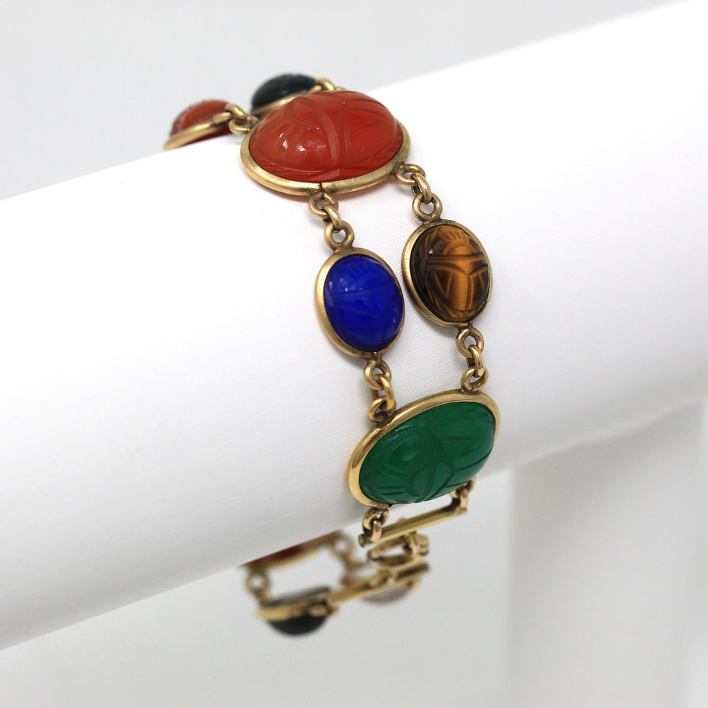 Vintage Scarab Bracelet - Retro 12k Gold Filled Carved Genuine Gemstones - Circa 1960s Era Egyptian Revival Spring Ring Clasp Panel Jewelry