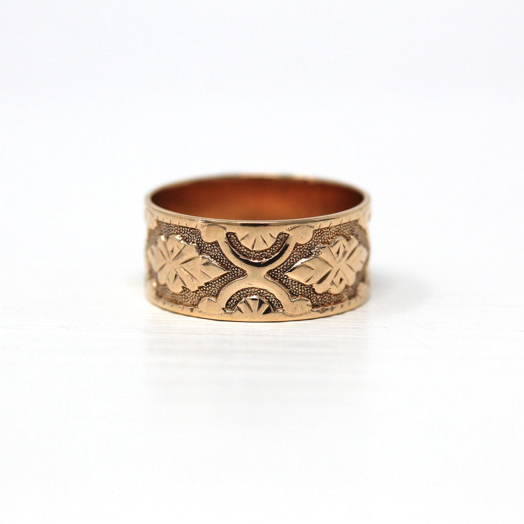 Antique Cigar Band - Victorian 10k Rose Gold Nature Leaf Inspired Designs Thumb Ring - Vintage Circa 1890s Era Size 5 Fine "X" Jewelry
