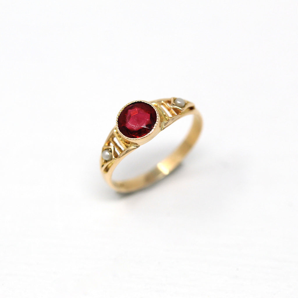Antique Baby Ring - Edwardian 10k Rose Gold Round Faceted Simulated Ruby Red Glass - Circa 1910s Era Size 1 Midi Seed Pearls Fine Jewelry