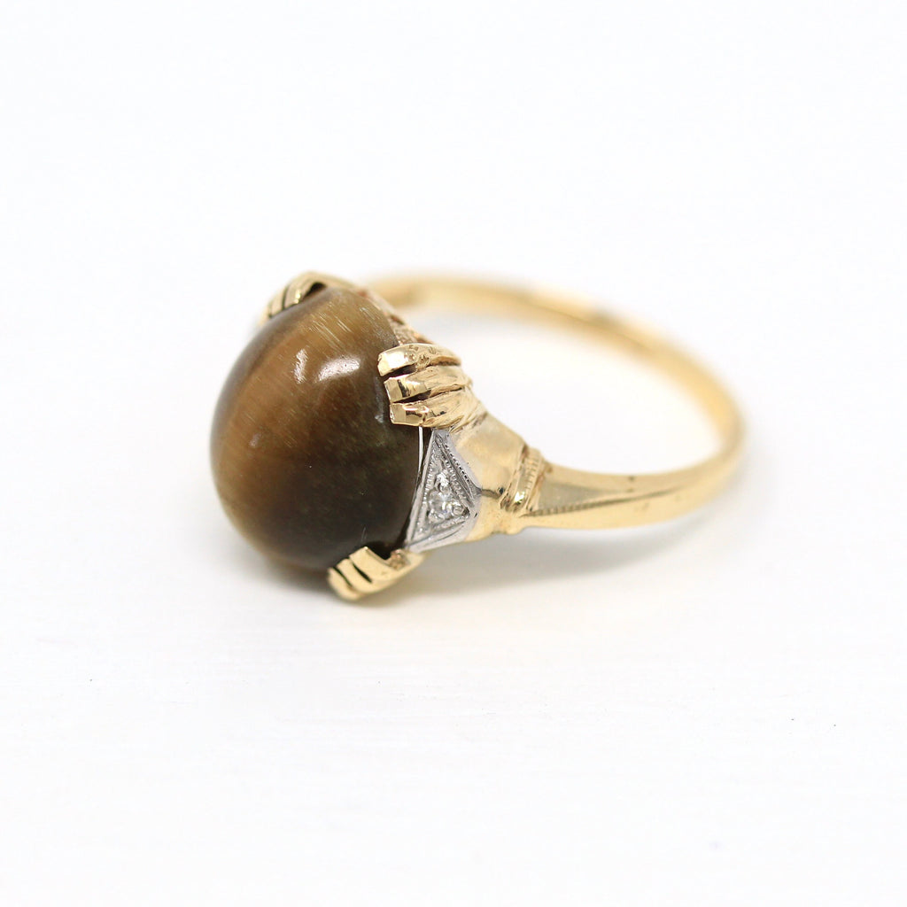 Tiger's Eye Ring - Retro 10k Yellow Gold Genuine Chatoyant Brown Gem - Vintage Circa 1940s Era Size 5 1/4 Cabochon Fine Diamond Jewelry