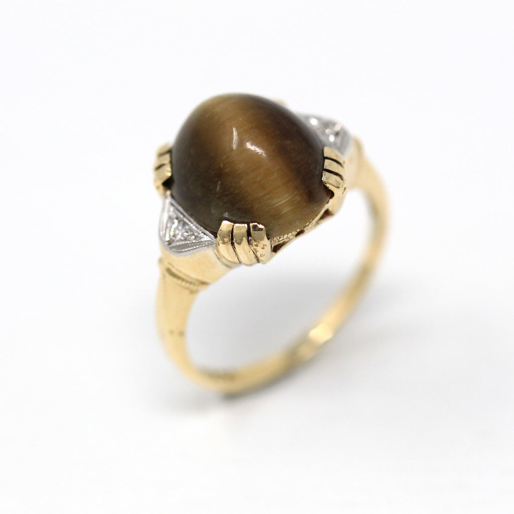 Tiger's Eye Ring - Retro 10k Yellow Gold Genuine Chatoyant Brown Gem - Vintage Circa 1940s Era Size 5 1/4 Cabochon Fine Diamond Jewelry