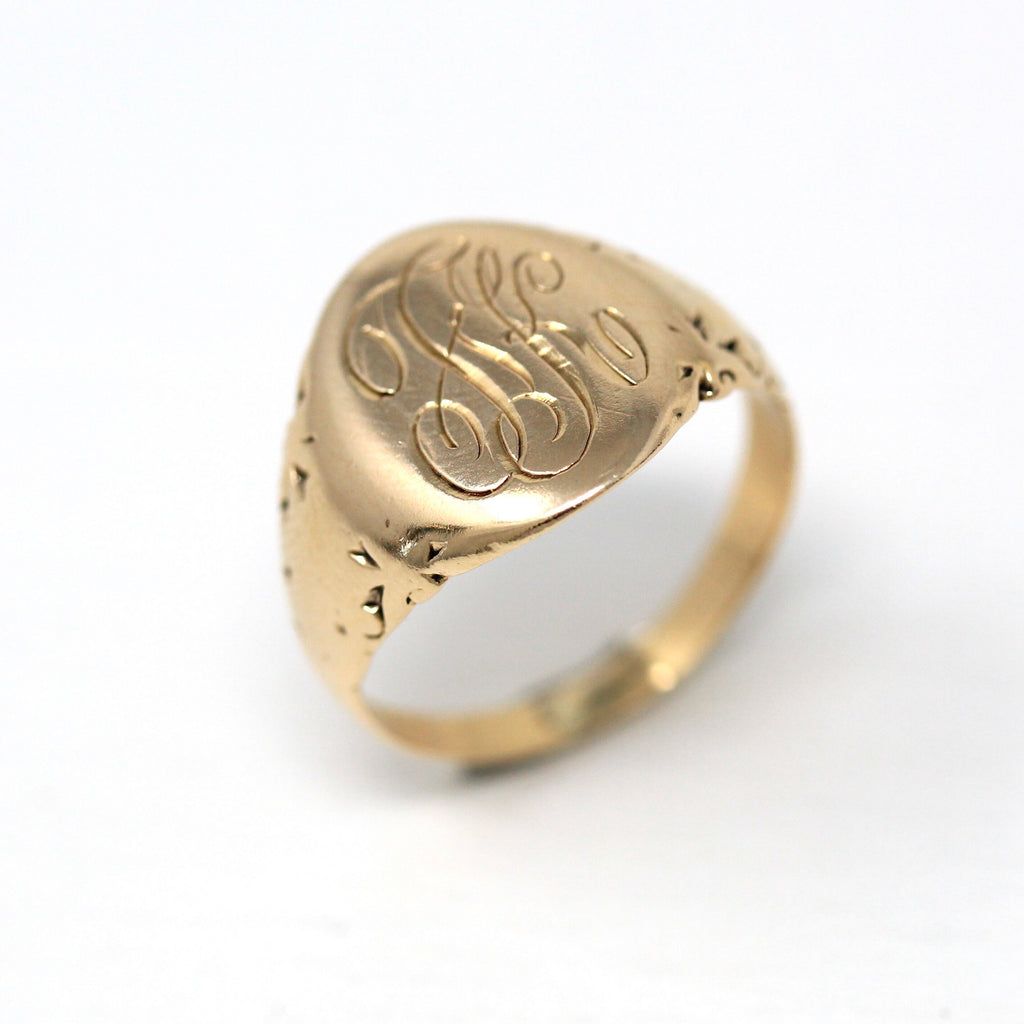 Letters 'FK' Ring - Edwardian Era 10k Yellow Gold Engraved Monogrammed Script Font - Antique Circa 1910s Era Size 6.75 Fine Initial Jewelry