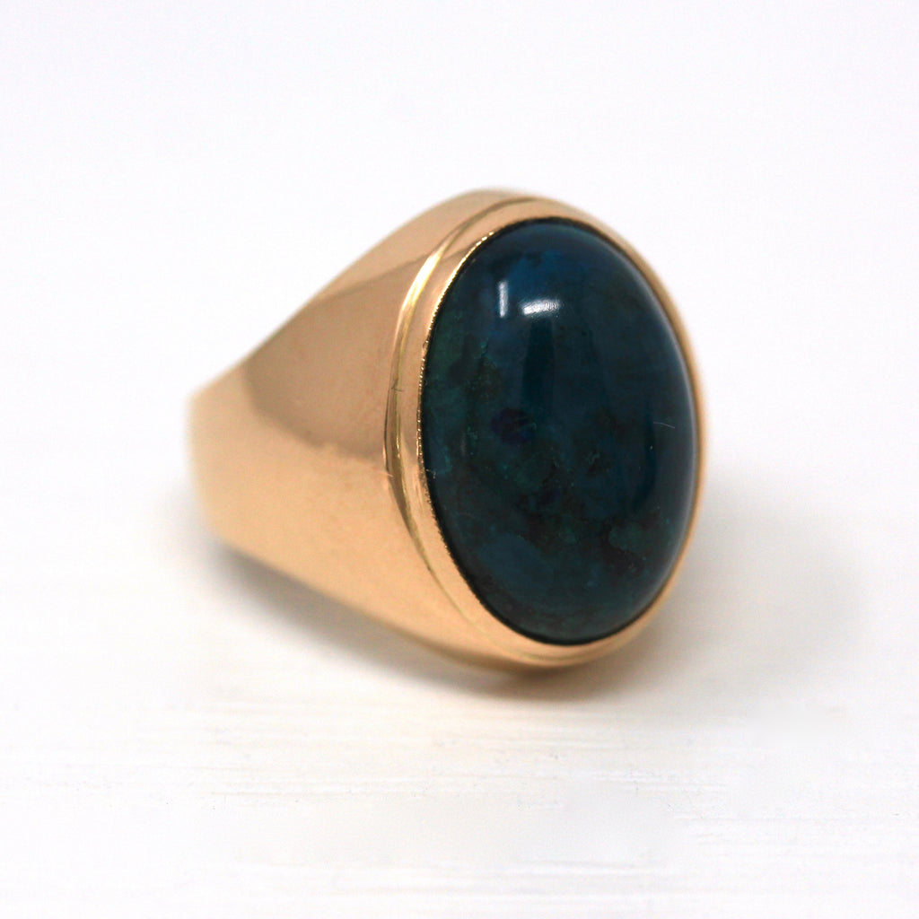 Genuine Pectolite Ring - Retro 14k Retro Gold Oval Greenish Blue Gemstone - Vintage Circa 1970s Era Size 7 3/4 Statement Fine 70s Jewelry