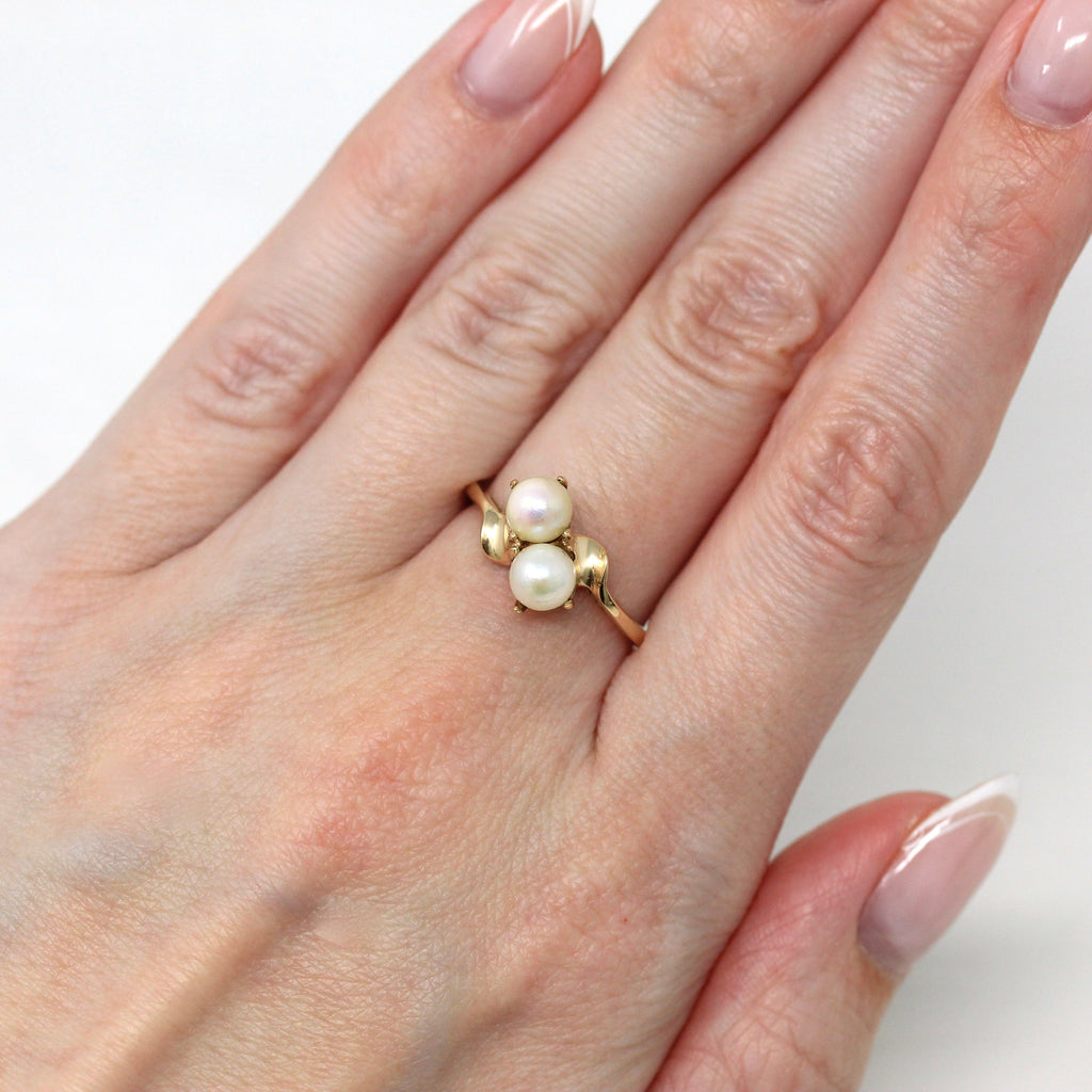 Cultured Pearl Ring - Retro 10k Yellow Gold Toi Et Moi Two Gem Bypass Statement - Vintage Circa 1940s Size 7 June Birthstone Fine Jewelry