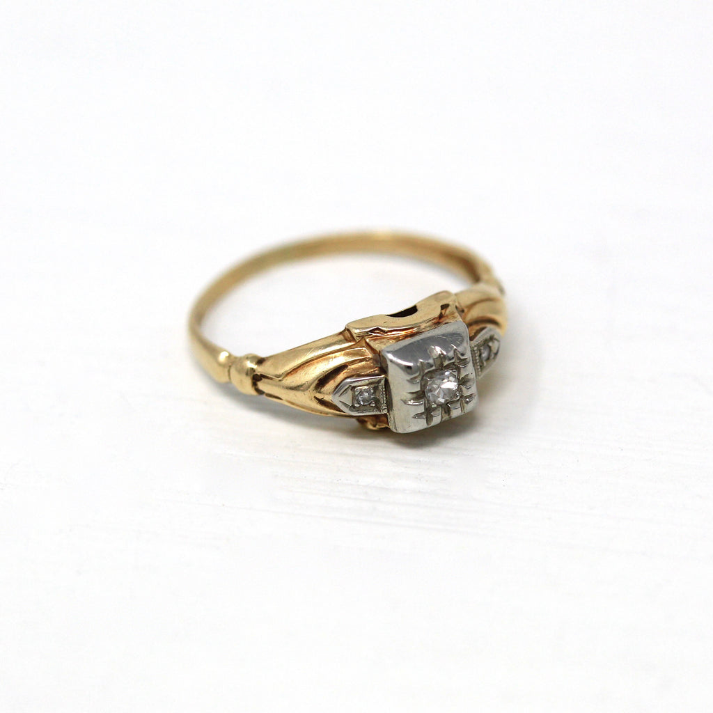Vintage Engagement Ring - Retro Era 14k Yellow Gold .03 ctw Genuine Diamond Gem - Circa 1940s Size 4.75 Fine 40s Bridal Jewelry
