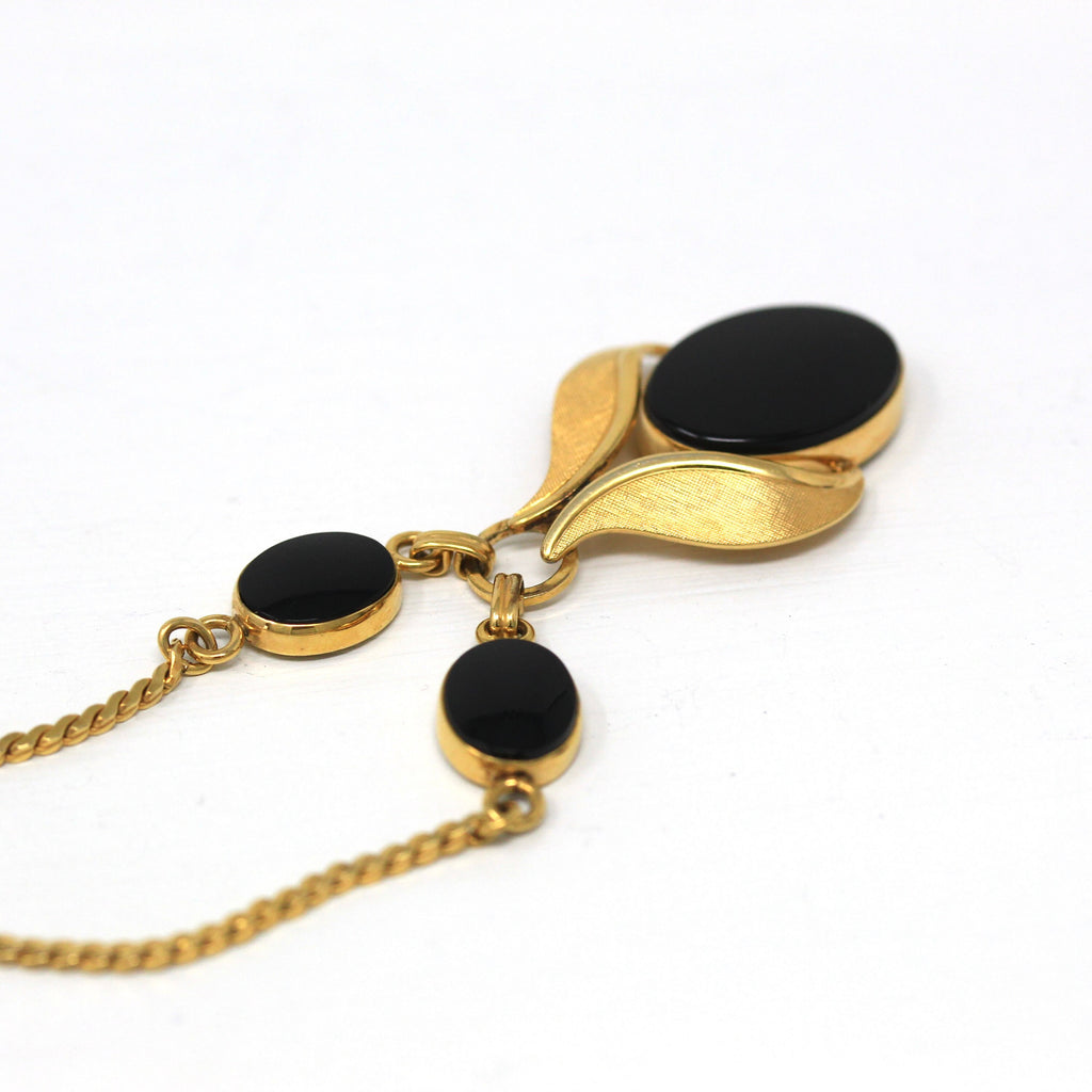 Van Dell Necklace - Vintage 12k Gold Filled Genuine Black Onyx Gemstones - Retro Circa 1960s Nature Leaf Fashion Accessory Lavalier Jewelry