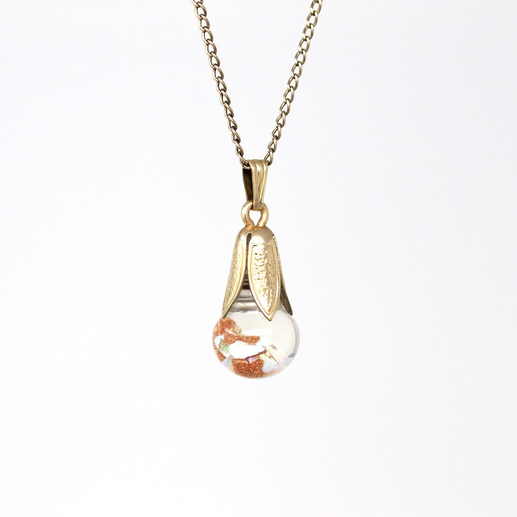 Floating Gemstone Pendant - Retro 12k Gold Filled Genuine Gems Opal Goldstone Charm Necklace - Vintage Circa 1940s Orb Floral Cap Jewelry