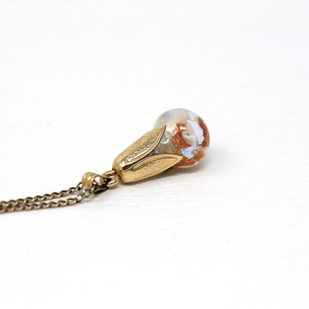 Floating Gemstone Pendant - Retro 12k Gold Filled Genuine Gems Opal Goldstone Charm Necklace - Vintage Circa 1940s Orb Floral Cap Jewelry