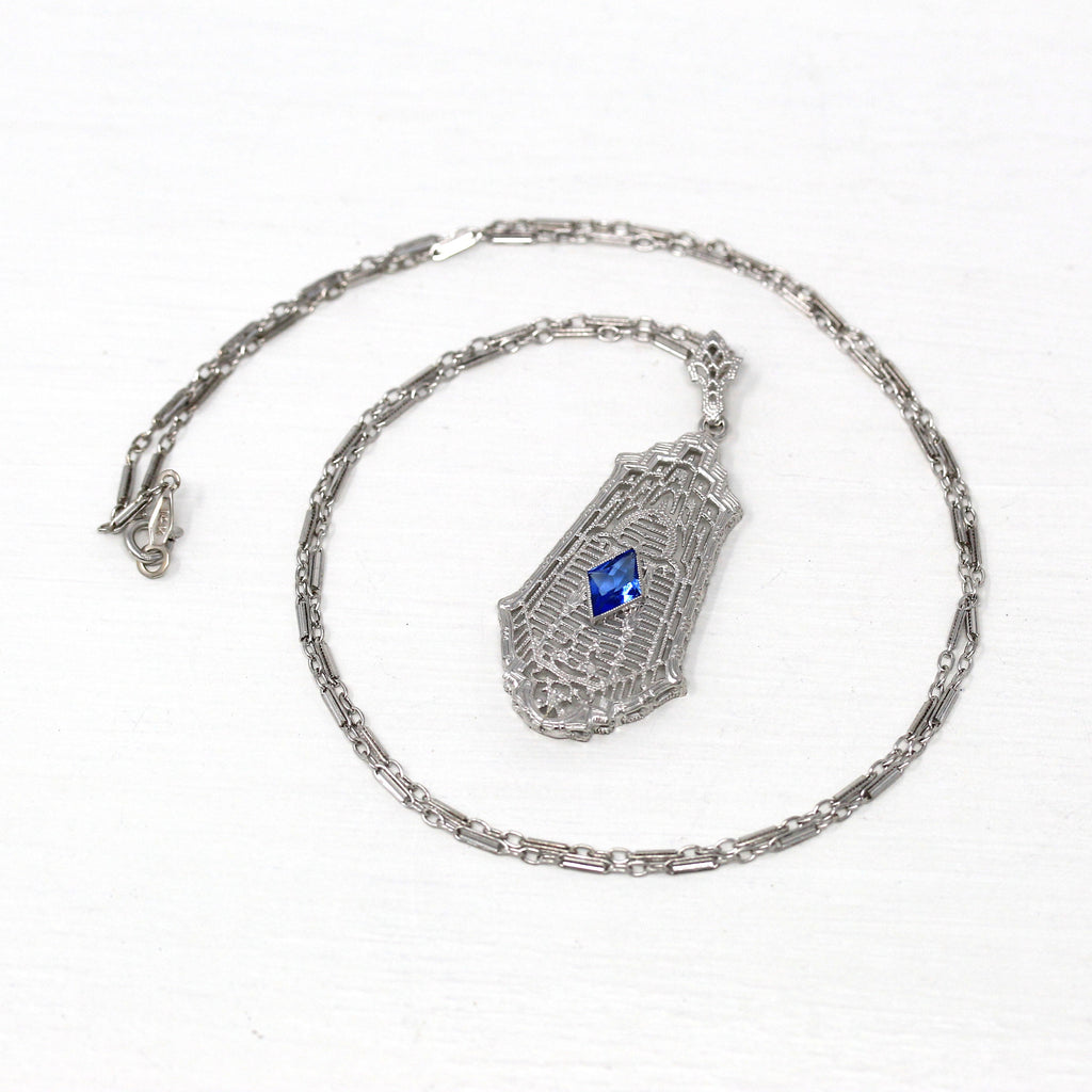 Art Deco Necklace - Antique 10k White Gold Marquise Cut Blue Glass Stone Pendant - Vintage Circa 1920s Era Filigree Statement 20s Jewelry