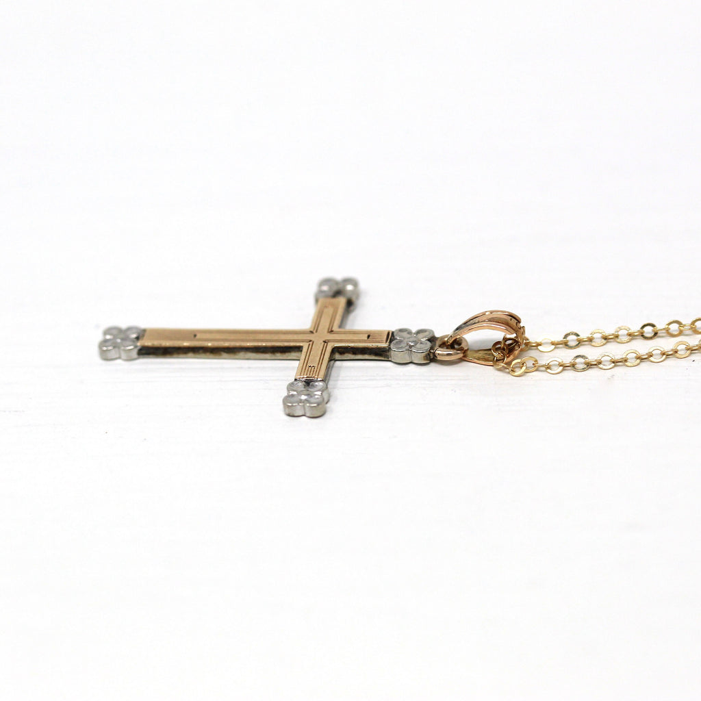 Vintage Cross Necklace - Retro 10k Yellow & White Gold Flower Motifs Crucifix Pendant - Circa 1940s Era Religious Faith Fine 40s Jewelry