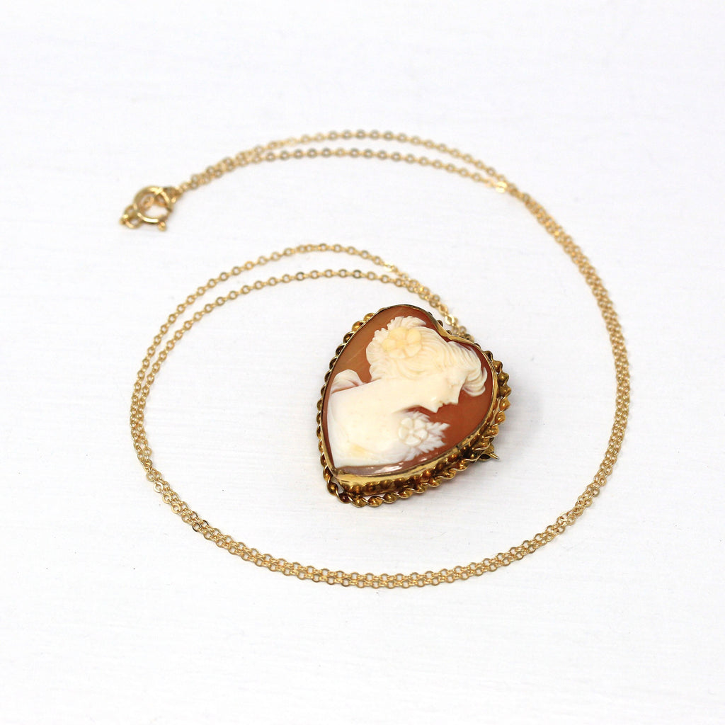Vintage Cameo Pendant - Retro 12k Gold Filled Carved Shell Heart Shaped Pin - Circa 1940s Era Statement Fashion Accessory Brooch 40s Jewelry