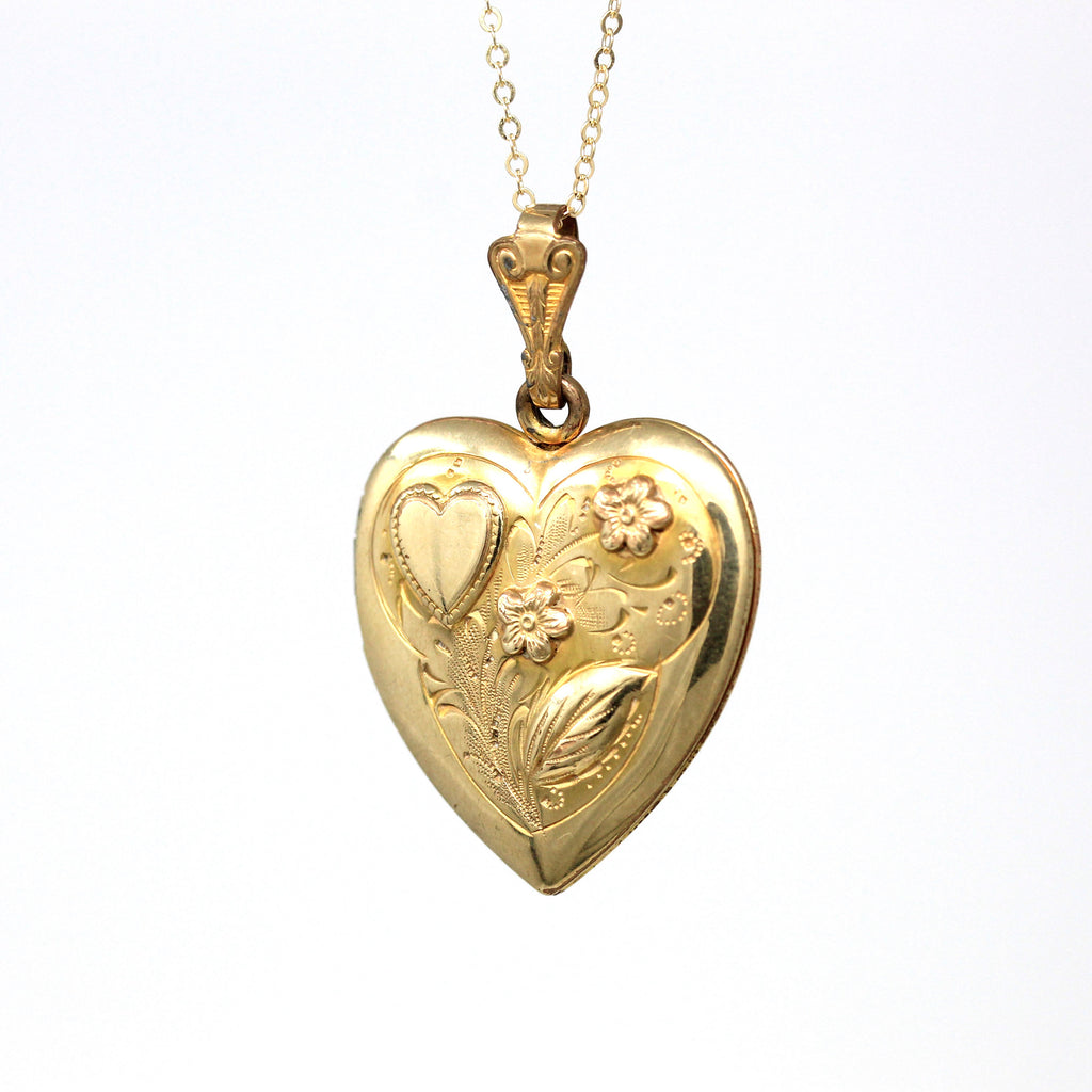 Vintage Heart Locket - Retro Gold Filled Double Hearts Flowers Pendant Necklace Charm - Circa 1940s Era Keepsake Photograph 40s Jewelry