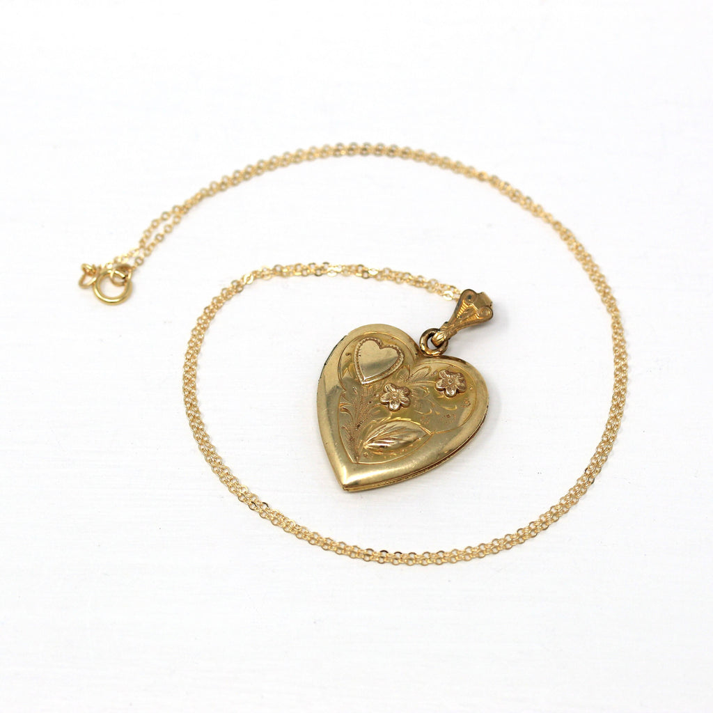 Vintage Heart Locket - Retro Gold Filled Double Hearts Flowers Pendant Necklace Charm - Circa 1940s Era Keepsake Photograph 40s Jewelry