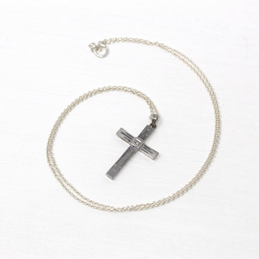 Vintage Cross Necklace - Mid Century 10k White Gold Genuine .03 CT Diamond Gem Pendant - Circa 1950s Era Religious Faith Fine 50s Jewelry