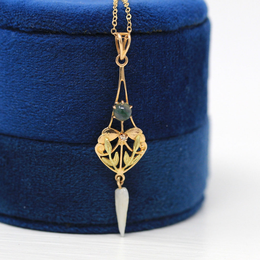 Moss Agate Lavalier - Edwardian 10k Yellow Gold Diamond Baroque Pearl Pendant Charm - Antique Circa 1910s Era Art Nouveau Fine Leaf Jewelry